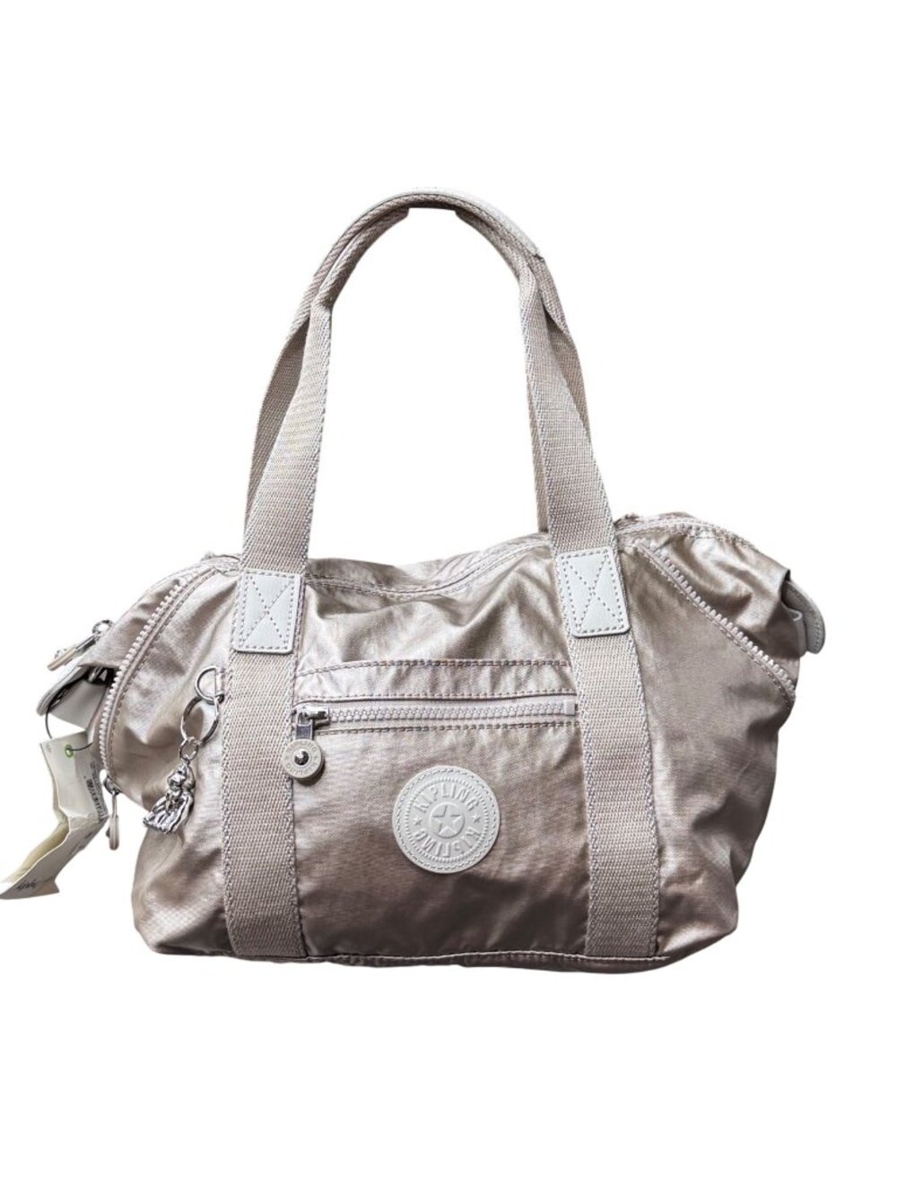 Kipling Metallic Glow Mini Shoulder Bag Silver Nylon Duffel Shoulder Purse NEW